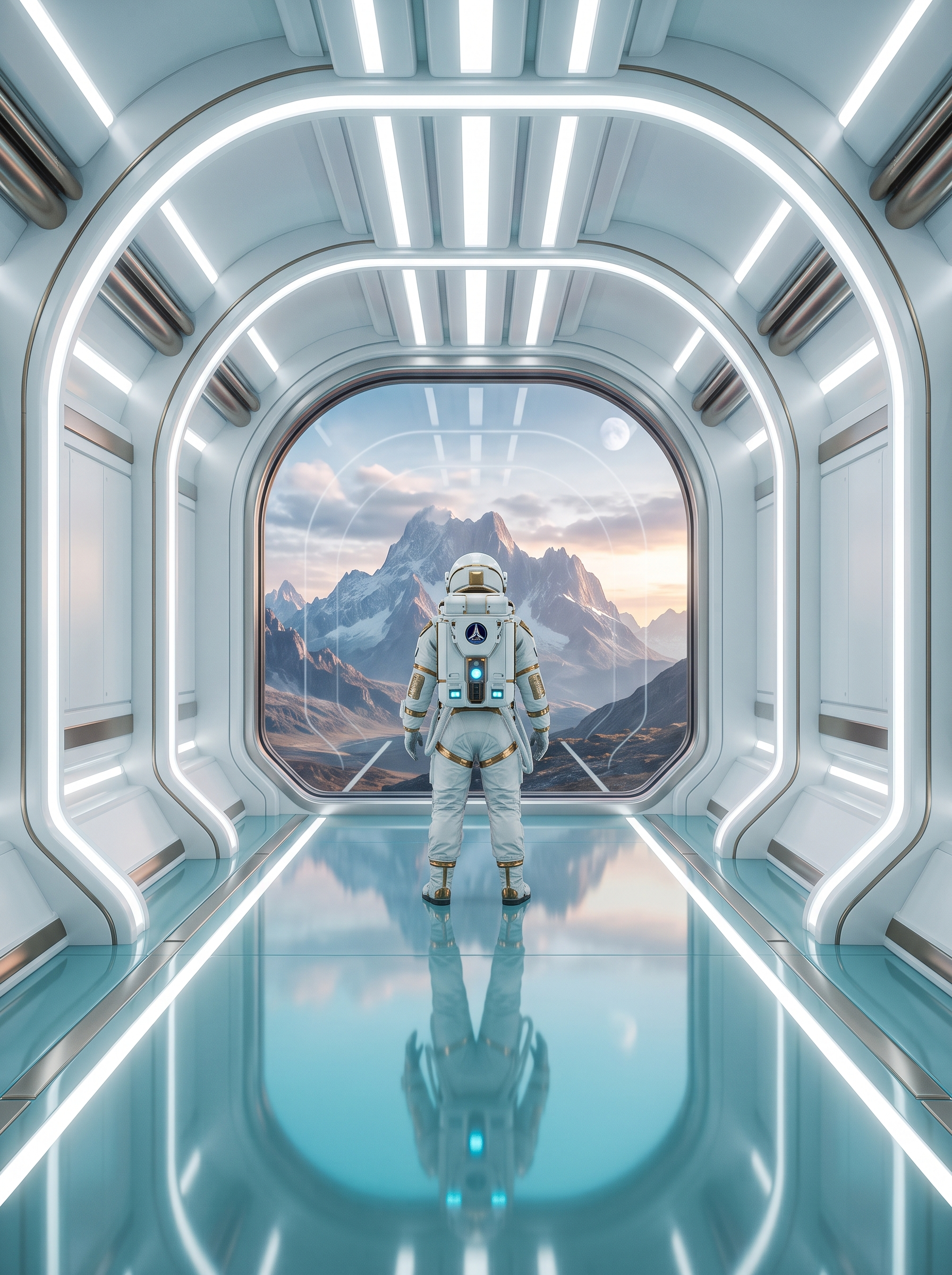 Astronaut in futuristic corridor