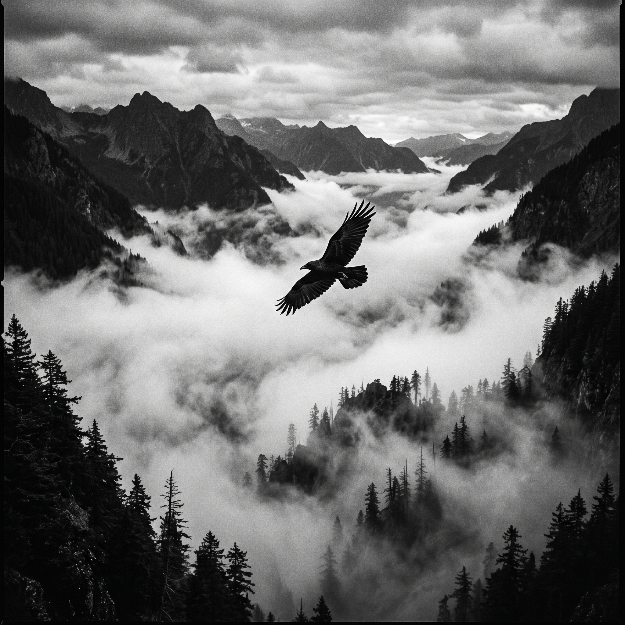 Bird over misty valley